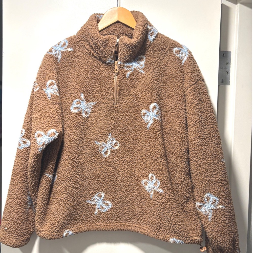 In Good State Brown Teddy Fleece Quarter Zip Pullover Blue Bow Coquette